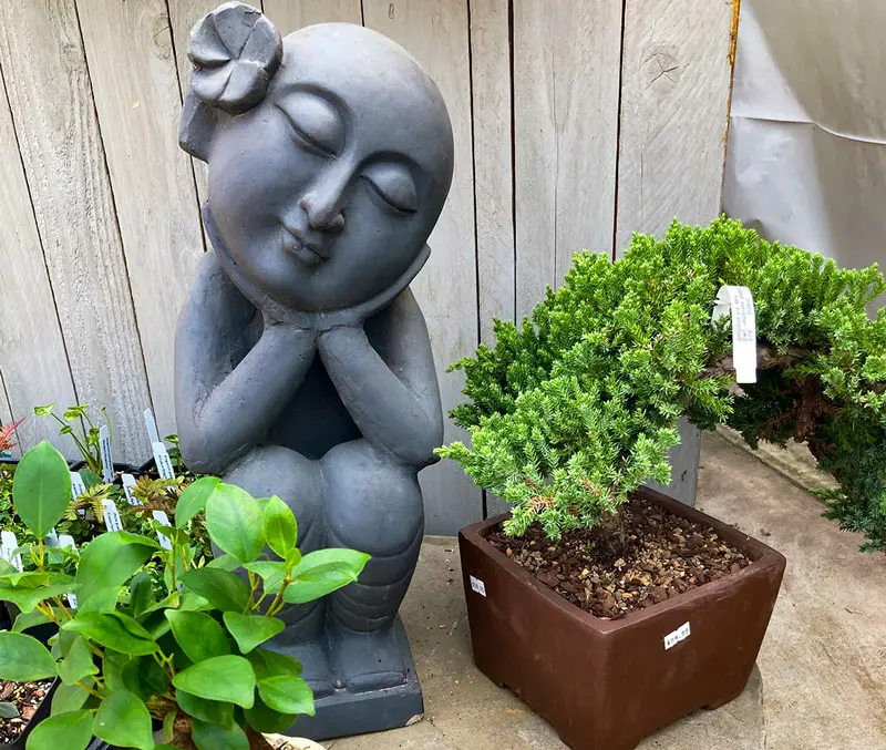 An oriental person resting its head on its hands is one of the fun garden statues you can find at The Dutch Plant Farm store
