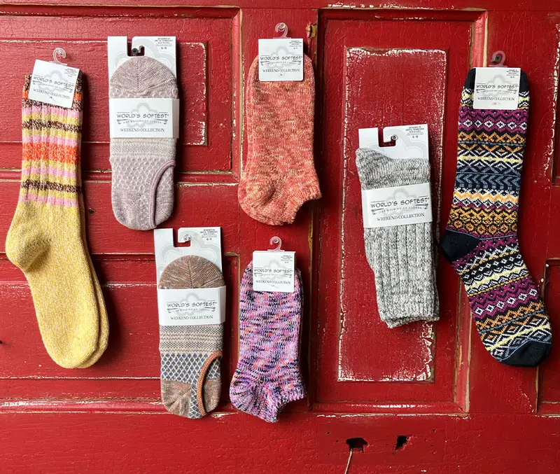 Display of soft socks in various styles and colors are some of the fun accessories available at The Dutch Plant Farm store.