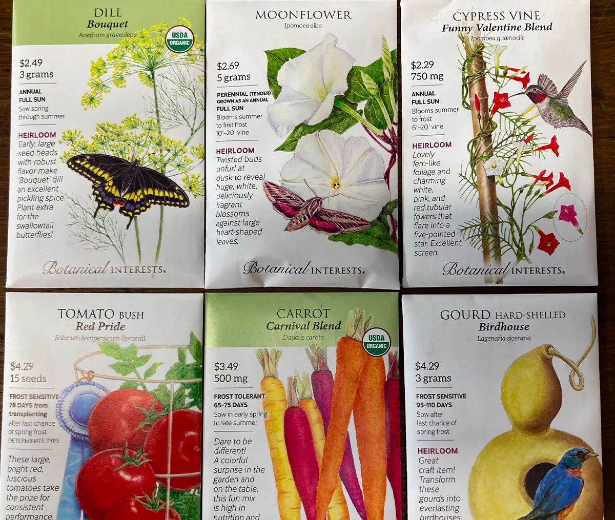 Rows of colorful flower and vegetable seed packets at The Dutch Plant Farm.