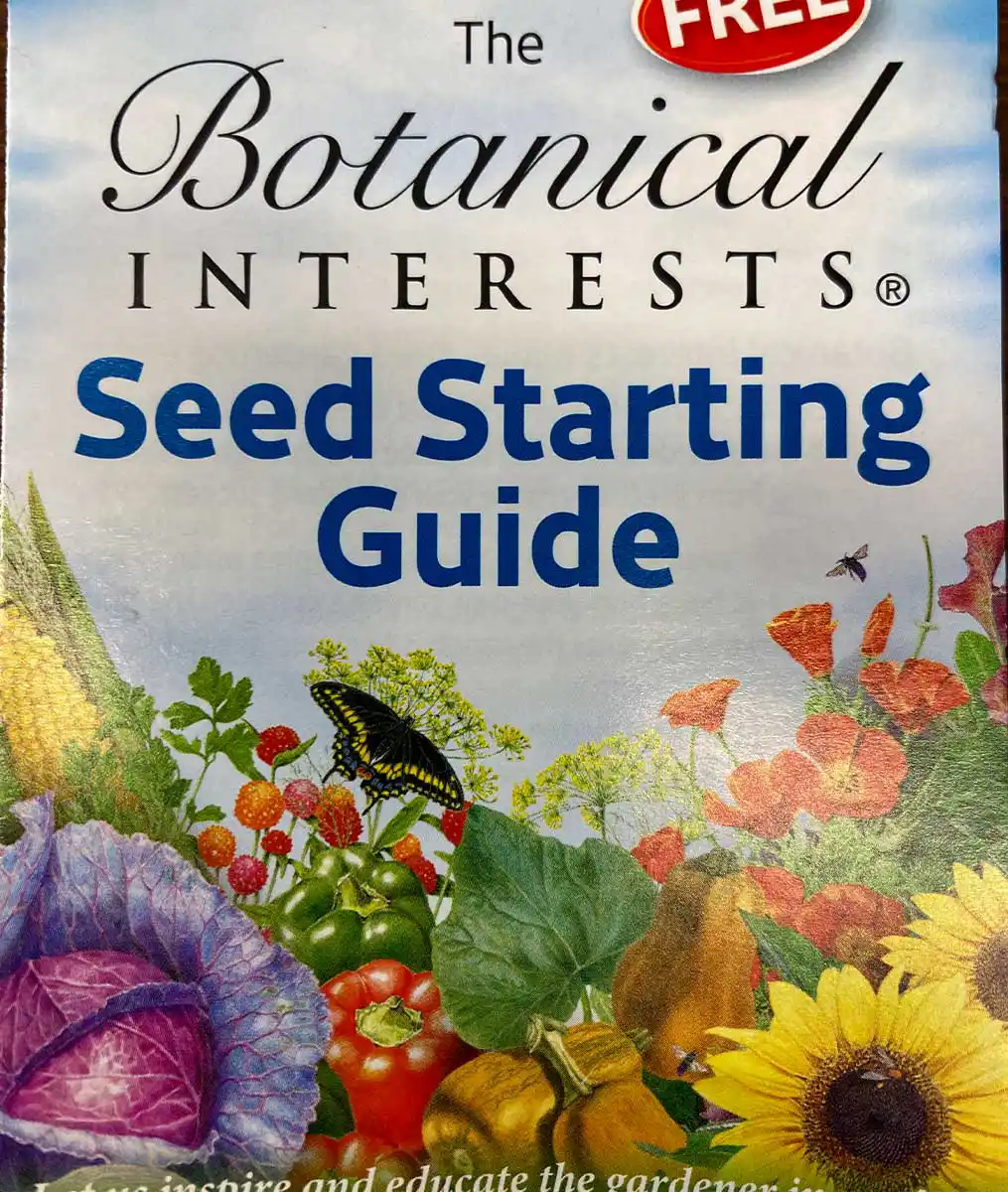 Seed Starting Guide with illustrations of flowers, vegetables, and a Black Swallowtail butterfly at The Dutch Plant Farm.