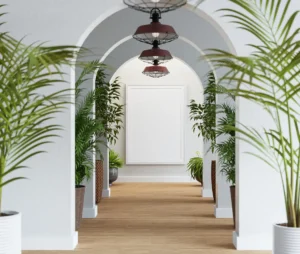 Plant rental image of a hallway with plants accenting the structure.